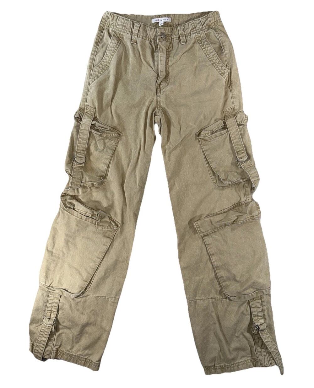 ANGELKISS Women's Beige Cargo Pants 1 Cotton Twill Mid Rise Straight Leg 31"